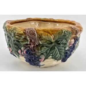 Vtg 90s Majolica Style Grape Cluster Vine Planter Centerpiece Bowl  8"‎ Diameter